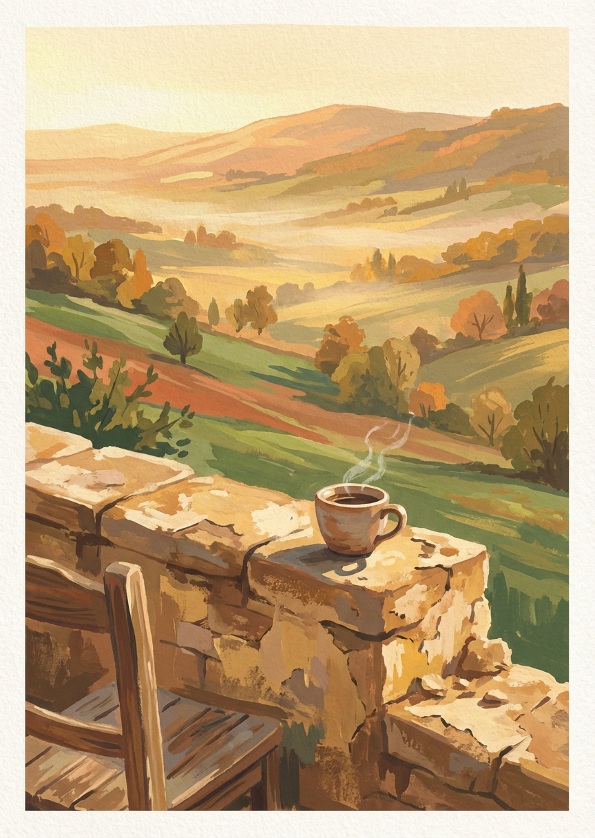 Carte du quiz tarot « La lumière d'octobre », Le café du matin face à la vallée, la lumière qui caresse les…