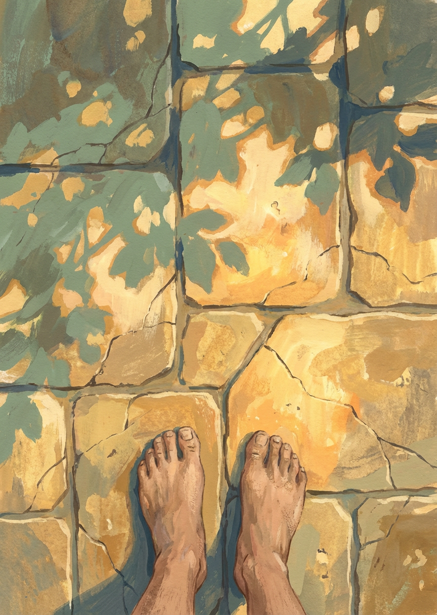 Carte du quiz tarot « Pieds nus sur les dalles », La fraîcheur de la pierre au petit matin, la chaleur…