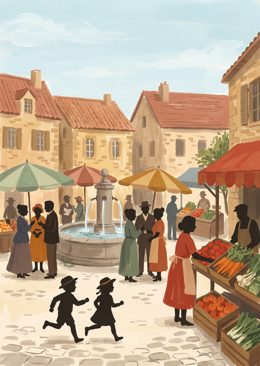 Carte du quiz tarot « La place du village, un samedi », Le marché qui déborde jusqu'à la fontaine, les…