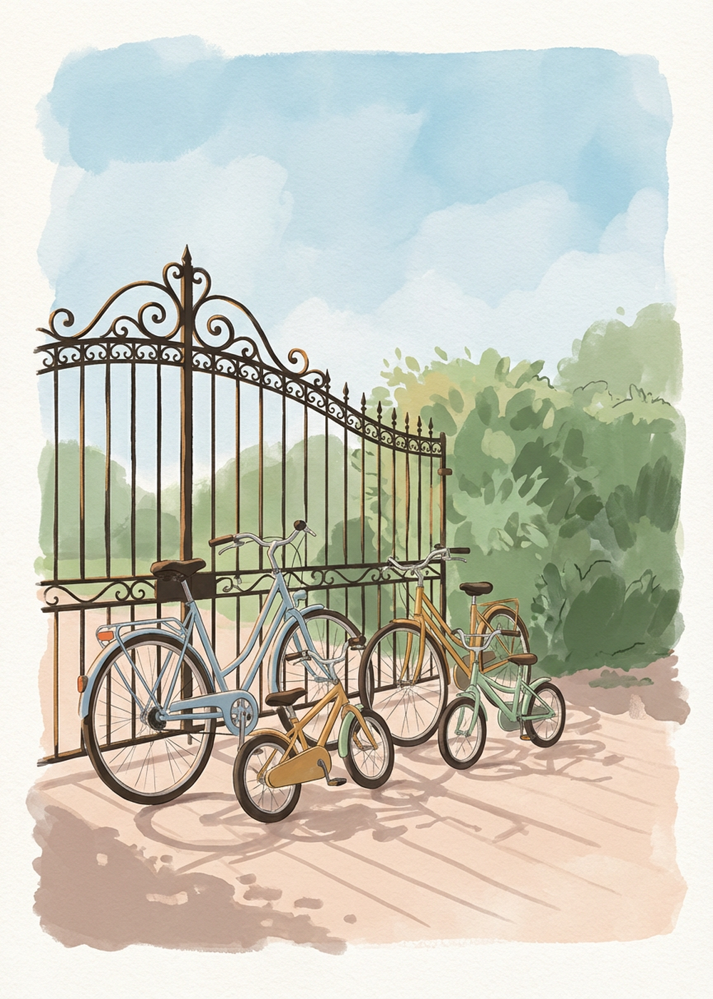 Carte du quiz tarot « Les vélos qui traînent », Quatre vélos posés contre la grille le soir, qu'on ne…
