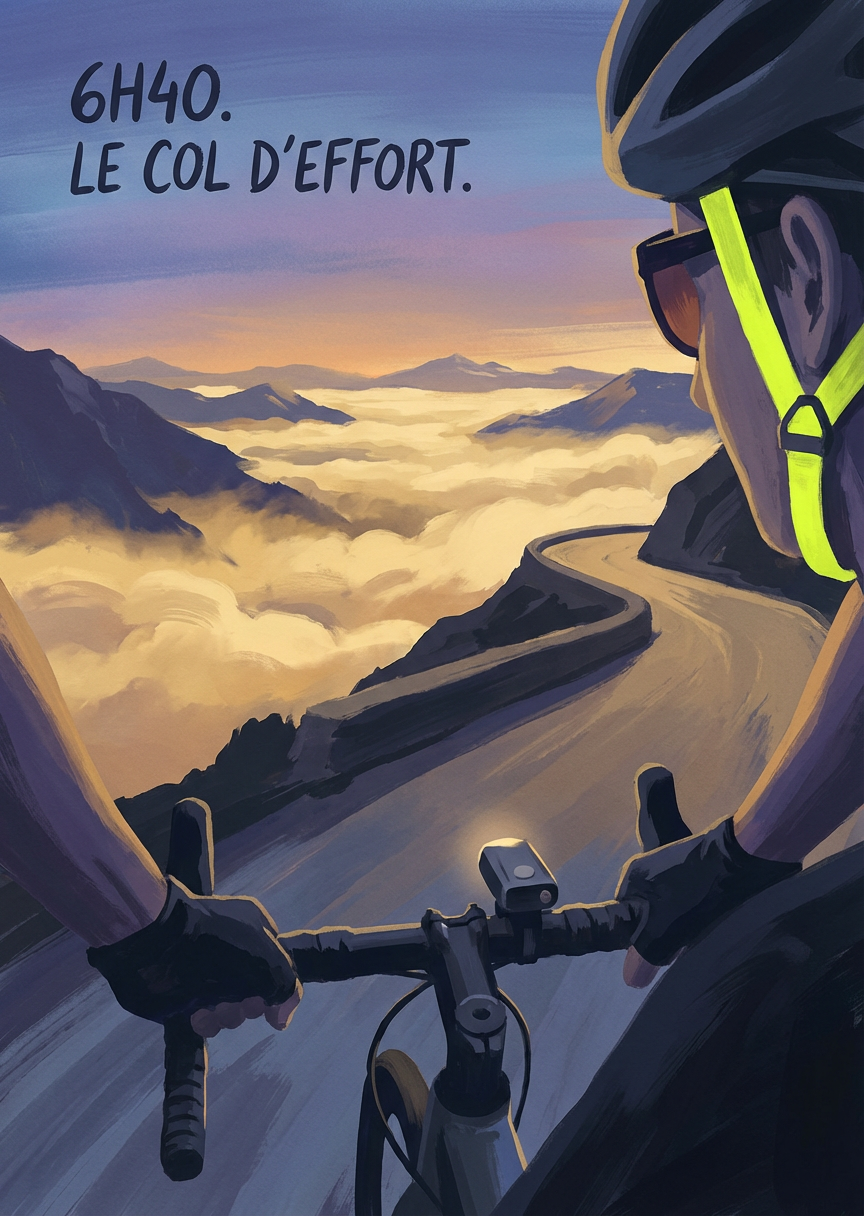 Carte du quiz tarot « Le lever de soleil depuis le col », Six heures quarante, frontale éteinte, la vallée…