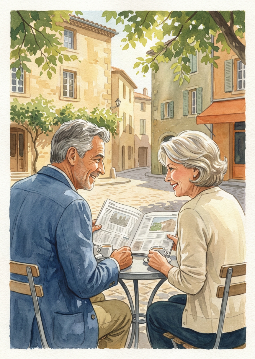 Carte du quiz tarot « La terrasse du café, en matinée », Les mêmes têtes qu'hier, le journal partagé, le…