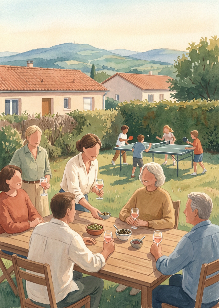 Carte du quiz tarot « Le café avec les voisins » — Quatre familles du lotissement réunies pour l'apéro un…